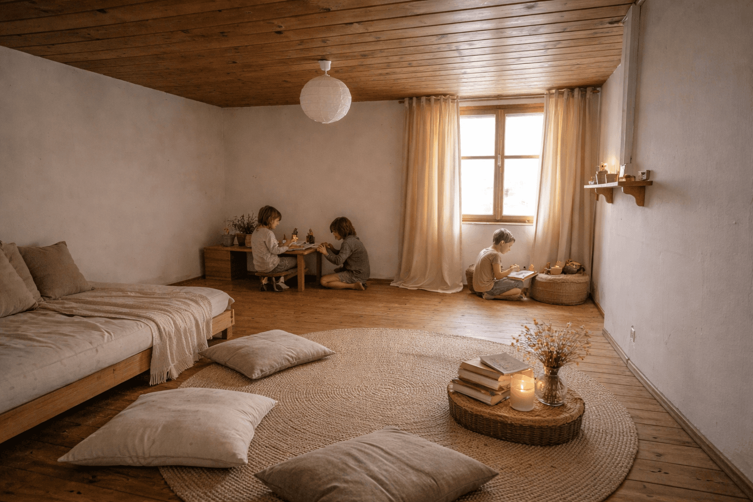 Klidná studijní místnost s polštáři a svíčkou