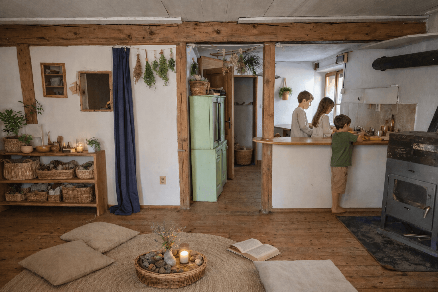 Kuchyně na farmě — sušené bylinky, společné vaření